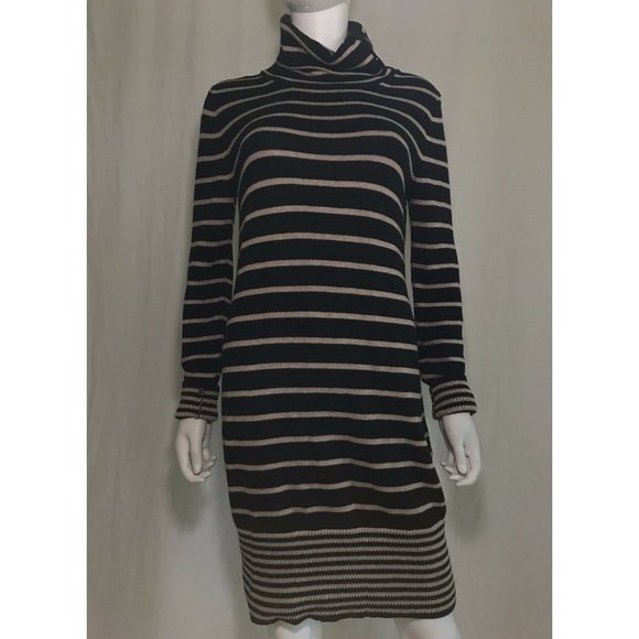 Manoukian Women's Casual Dress Black Tan Striped Long Sleeve Knee Length Size M - Picture 1 of 11